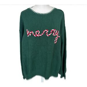 Main Strip Hunter Green Red White Merry Christmas Sweater Womens Size Large NEW